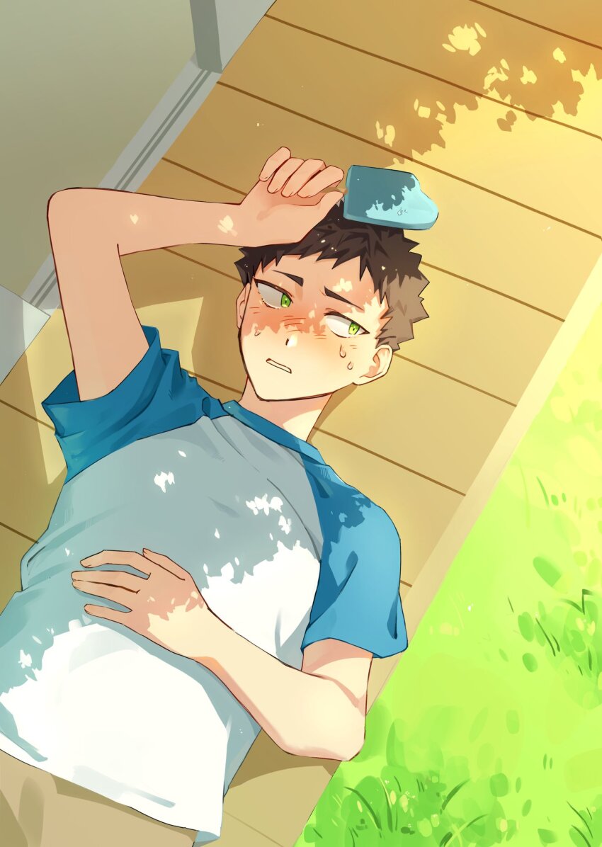 1boy arm_up brown_hair brown_pants commentary_request dot_nose food grass green_eyes haikyuu!! highres holding holding_food holding_popsicle iwaizumi_hajime jiwenghq korean_commentary looking_to_the_side lying male_focus on_back pants parted_lips popsicle shirt short_hair short_sleeves sideways_glance solo summer sweat t-shirt