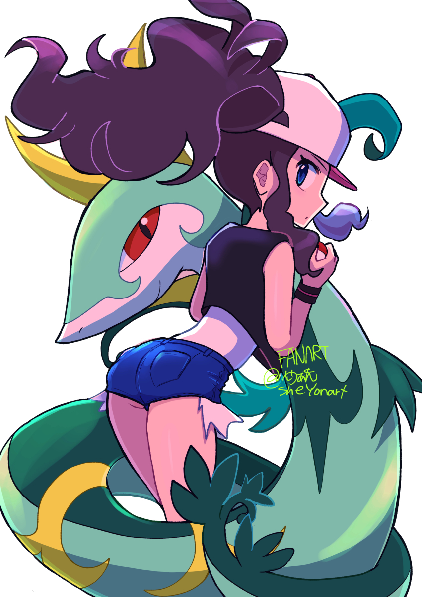 1girl absurdres ass baseball_cap blue_eyes blue_shorts brown_hair cropped_vest denim denim_shorts from_behind gen_5_pokemon hair_through_headwear hat highres hilda_(pokemon) holding holding_poke_ball leaning_forward looking_back nintendo parted_lips poke_ball poke_ball_(basic) pokemon pokemon_(creature) pokemon_bw ponytail serperior sheyona shirt short_shorts shorts sidelocks simple_background vest white_background white_shirt