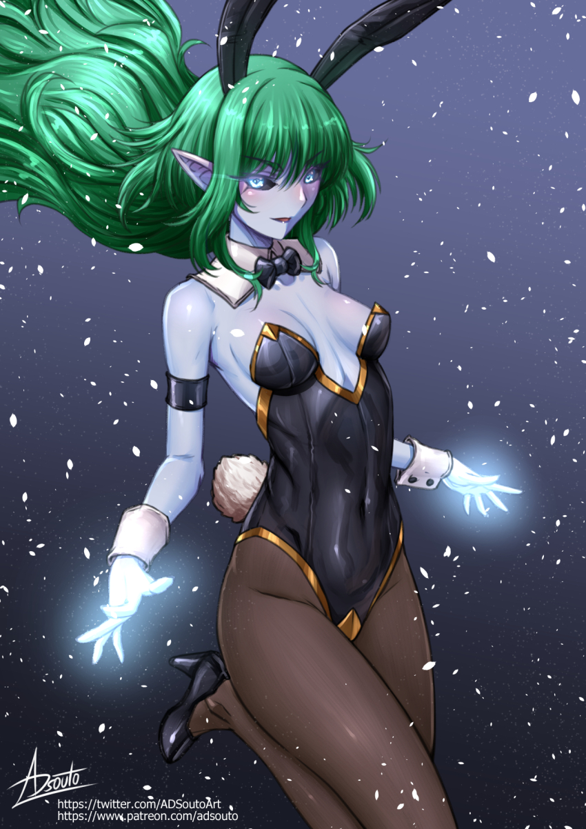 1girl adsouto animal_ears black_bow black_bowtie black_sclera blue_eyes blue_skin bow bowtie breasts collarbone colored_sclera colored_skin covered_navel detached_collar fake_animal_ears fake_tail final_fantasy glowing_hands green_hair high_heels highres leotard looking_at_viewer pantyhose playboy_bunny pointy_ears rabbit_ears rabbit_tail shiva_(final_fantasy) signature small_breasts solo strapless strapless_leotard tail variant_set wrist_cuffs