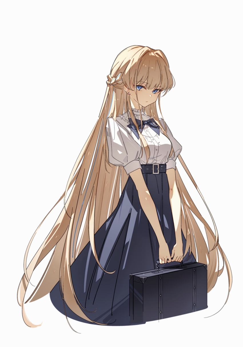 1girl absurdres alternate_costume bag blonde_hair blue_archive blue_bow blue_bowtie blue_eyes blue_hair bow bowtie braid breasts briefcase closed_mouth expressionless half_up_braid high-waist_skirt highres holding holding_bag holding_briefcase long_hair long_skirt looking_at_viewer looking_to_the_side medium_breasts multicolored_hair puffy_short_sleeves puffy_sleeves shirt short_sleeves simple_background skirt solo streaked_hair toki_(blue_archive) tugdkirwadxxx upper_body very_long_hair white_background white_shirt