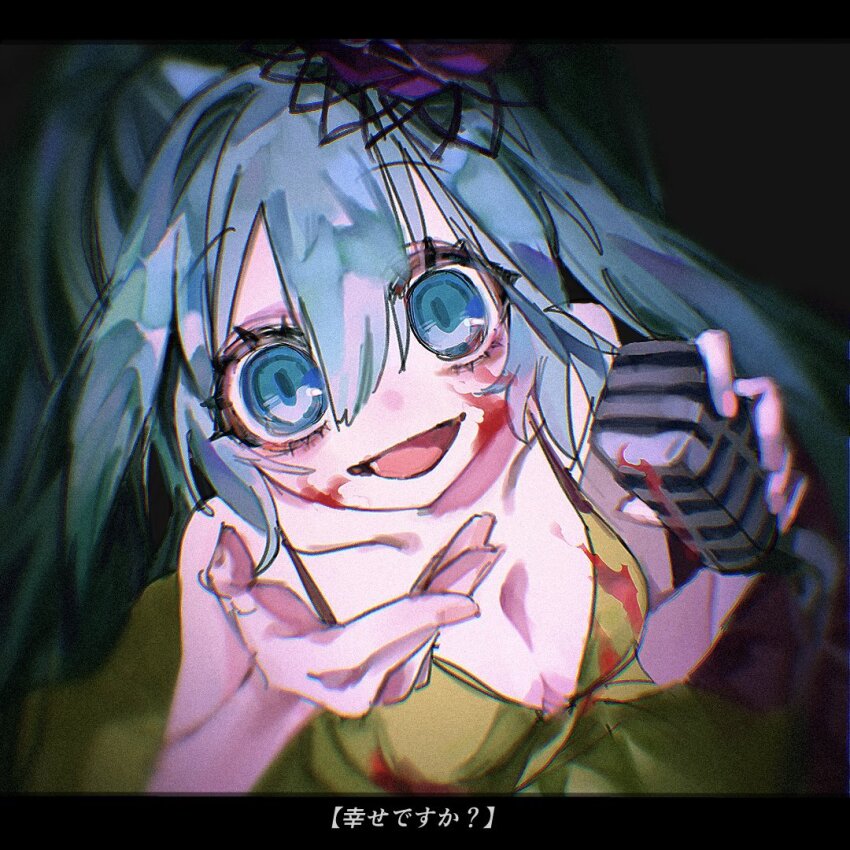 1girl alternate_costume ao_6336 black_background blood blood_on_clothes blood_on_face blue_eyes blue_hair breasts cleavage crazy_smile dress hands_up hatsune_miku hatsune_miku_(siren) holding holding_microphone kochira_koufuku_anshin_iinkai_desu_(vocaloid) large_breasts long_hair looking_at_viewer lyrics microphone open_mouth smile solo spaghetti_strap translation_request twintails upper_body vocaloid wide-eyed yellow_dress