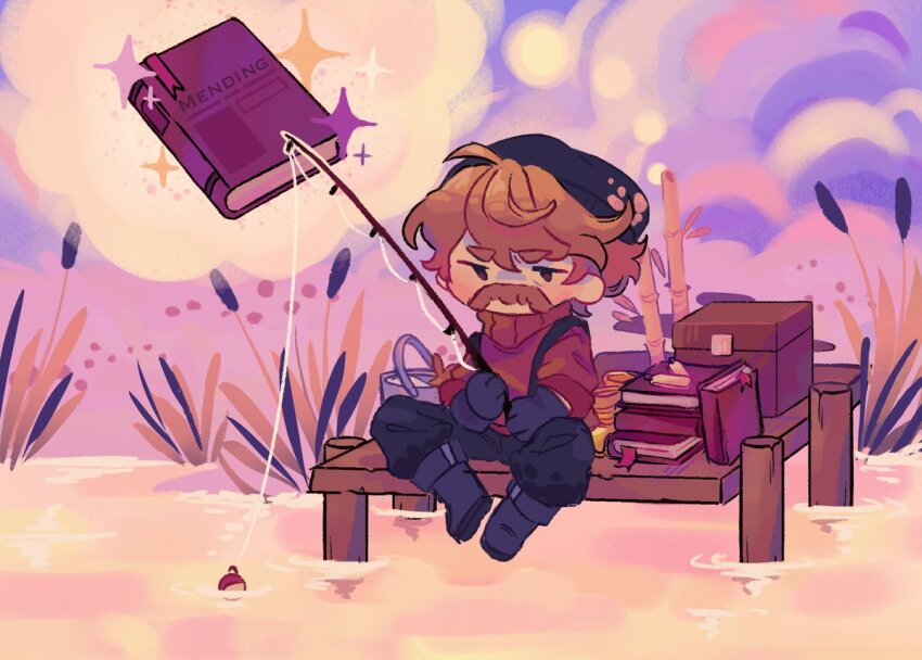 1boy ahoge bamboo beanie black_boots black_gloves black_hat black_pants book boots brown_hair bucket chest_(furniture) chibi chibi_only commentary dock enchantment_(minecraft) english_commentary english_text facial_hair fishing fishing_rod gameplay_mechanics gloves grian_(fisherman)_(hermitcraft) grian_(youtuber) hat hermitcraft holding holding_fishing_rod male_focus minecraft minecraft_youtube mustache oddissey official_alternate_costume outdoors pants red_sweater short_hair sitting sky solo sparkle suspenders sweater turtleneck turtleneck_sweater water