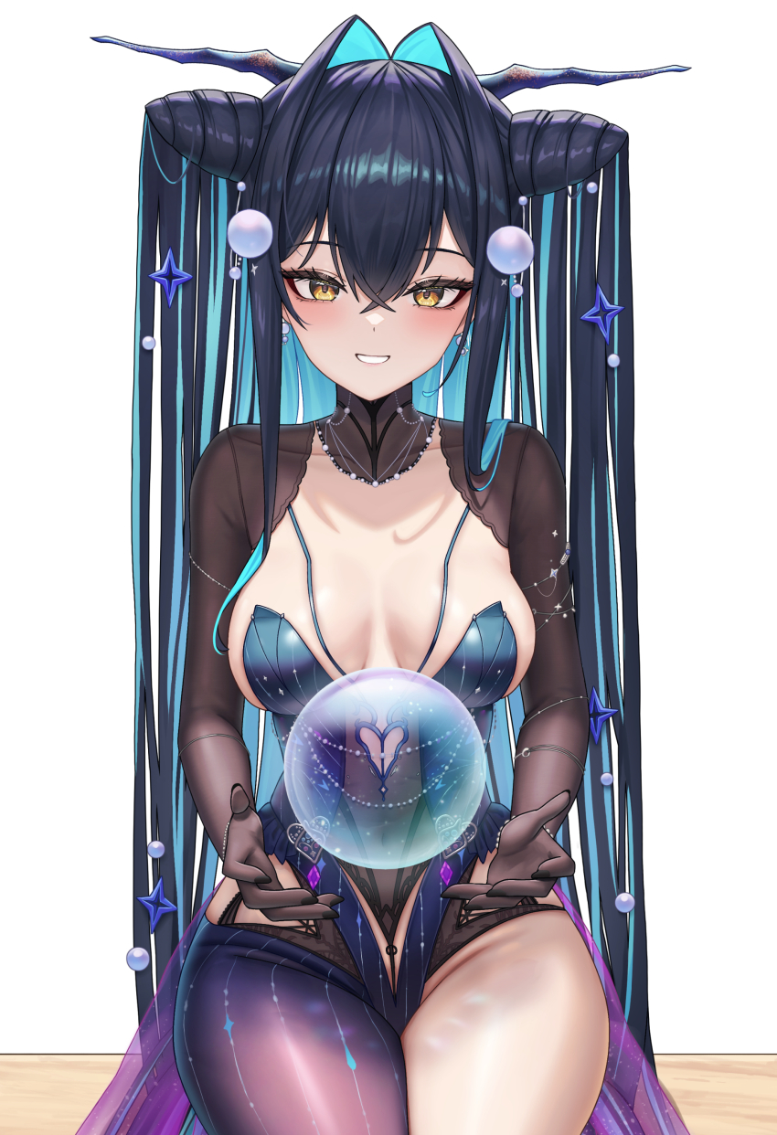 1girl absurdres black_hair blush breasts bubble collarbone colored_inner_hair crossed_bangs earrings goddess_of_victory:_nikke green_hair hair_intakes hair_ornament highres jewelry large_breasts little_mermaid_(abyss_flower)_(nikke) little_mermaid_(nikke) long_hair multicolored_hair nail_polish official_alternate_costume simple_background sitting smile solo subob_(subobdesu) very_long_hair white_background yellow_eyes