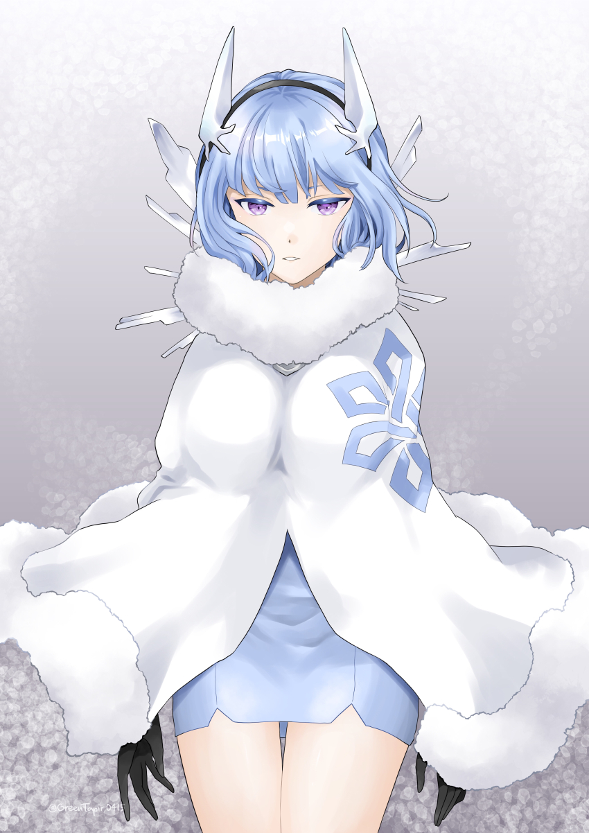 1girl absurdres black_gloves black_hairband blue_dress blue_eyeshadow blue_hair coat commentary_request cowboy_shot dot_nose dress eyeshadow fire_emblem fire_emblem_heroes fur-trimmed_coat fur_trim gloves grey_background hairband highres looking_at_viewer makeup midori_no_baku nifl_(fire_emblem) nintendo parted_lips purple_eyes short_dress short_hair simple_background solo teeth white_coat