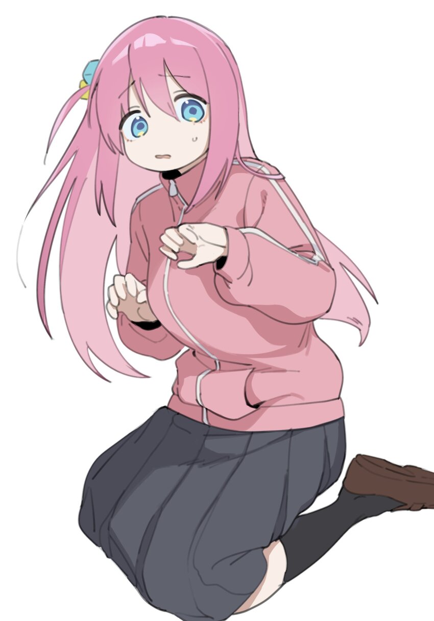 1girl absurdres aqua_eyes black_socks bocchi_the_rock! brown_shoes cube_hair_ornament gotoh_hitori grey_skirt hair_between_eyes hair_ornament highres hufy jacket long_hair long_sleeves looking_at_viewer one_side_up parted_lips pink_hair pink_jacket shoes simple_background sitting skirt socks solo sweat track_jacket white_background