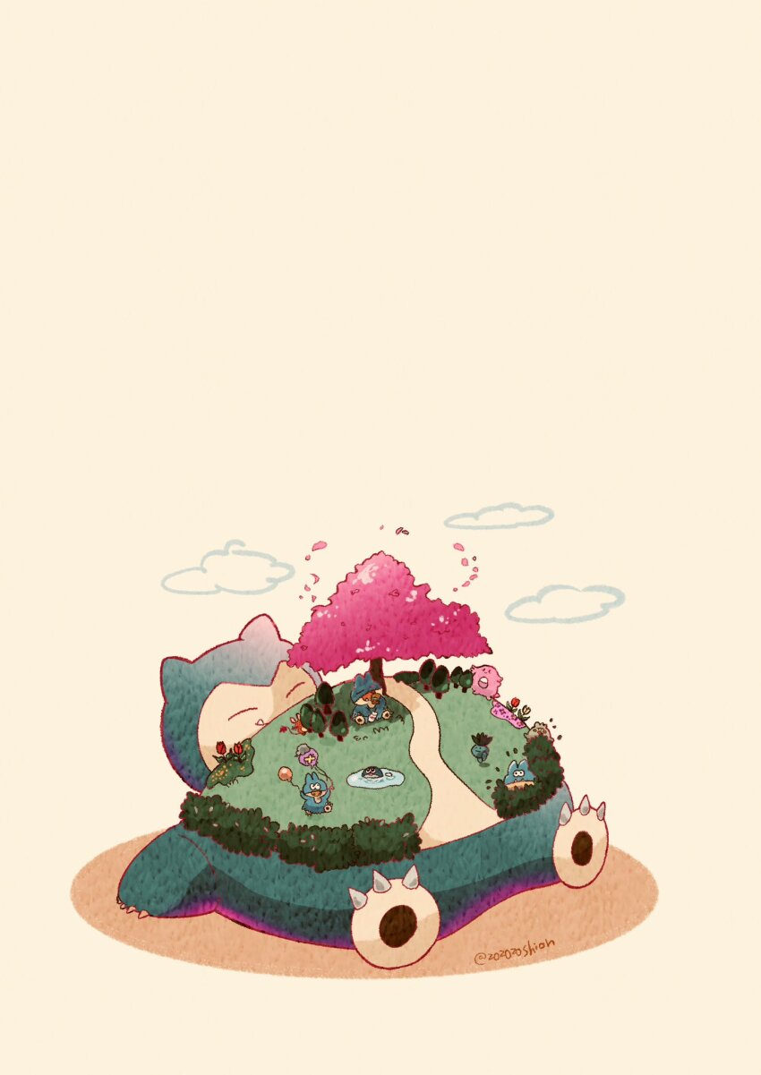 artist_name balloon bush chansey cherry_blossoms closed_mouth cloud commentary_request drifloon dynamax fangs flower gen_1_pokemon gen_3_pokemon gen_4_pokemon gigantamax gigantamax_snorlax highres holding holding_balloon munchlax nintendo no_humans oddish on_grass pokemon pokemon_(creature) poliwag red_flower red_tulip shroomish snorlax tree tulip twitter_username yellow_flower yellow_tulip zozozoshion