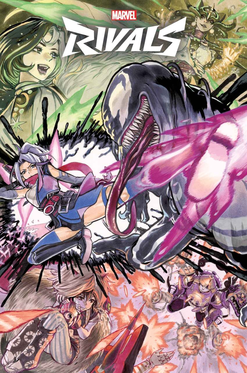 absurdres animal_print armor blue_eyes bodysuit breasts cover elbow_gloves gloves hela_(marvel) highres holding holding_sword holding_weapon hood hooded_bodysuit japanese_armor japanese_clothes katana kicking kimono long_hair long_tongue looking_at_viewer marvel marvel_rivals mask monster_boy multicolored_hair muscular muscular_male official_art parasite peni_parker ponytail psylocke psylocke_(sai) purple_eyes purple_hair sarashi sash scarf sharp_teeth slime_boy spider-man_(series) spider_print spider_web_print superhero_costume sword symbiote teeth the_punisher_(character) thighhighs tongue venom_(marvel) very_long_tongue weapon x-men yuji_kaku