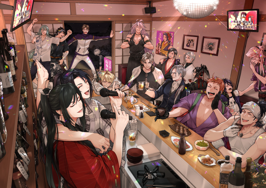 6+boys ^_^ alcohol amazake_(drink) aqua_hair bandana bar_(place) beer black_gloves black_hair blonde_hair bottle brown_hair chiyoganemaru choko_(cup) chopsticks clenched_hands closed_eyes cup daihannya_nagamitsu_(touken_ranbu) disco_ball drunk earrings facial_hair food fudou_yukimitsu gloves heshikiri_hasebe highres ichigo_hitofuri iwatooshi jacket japanese_clothes jewelry jirou_tachi karaoke kogarasumaru_(touken_ranbu) long_hair male_focus microphone monocle mug multiple_boys music mutsu-no-kami_yoshiyuki nansen_ichimonji necklace nihongou_(touken_ranbu) orange_hair pink_hair plate ponytail purple_hair red_eyes sanchoumou satorou sengo_muramasa_(touken_ranbu) shizukagata_naginata singing slice_of_life sliding_doors souza_samonji stubble tank_top tarou_tachi tomoegata_naginata touken_ranbu track_jacket track_suit very_long_hair white_gloves yamanbagiri_chougi yellow_eyes