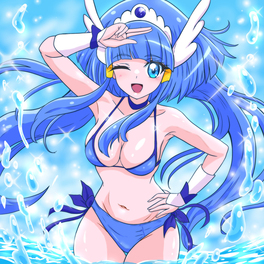 1girl ;d absurdres alternate_costume aoki_reika arm_up arm_warmers armpits bikini blue_bikini blue_choker blue_eyes blue_hair blunt_bangs breasts choker cleavage collarbone cowboy_shot cure_beauty floating_hair halterneck hand_on_own_hip highres long_hair looking_at_viewer manga_sakuga_(precure) medium_breasts navel one_eye_closed open_mouth precure side-tie_bikini_bottom smile smile_precure! solo splashing standing swimsuit thigh_gap twintails very_long_hair wading