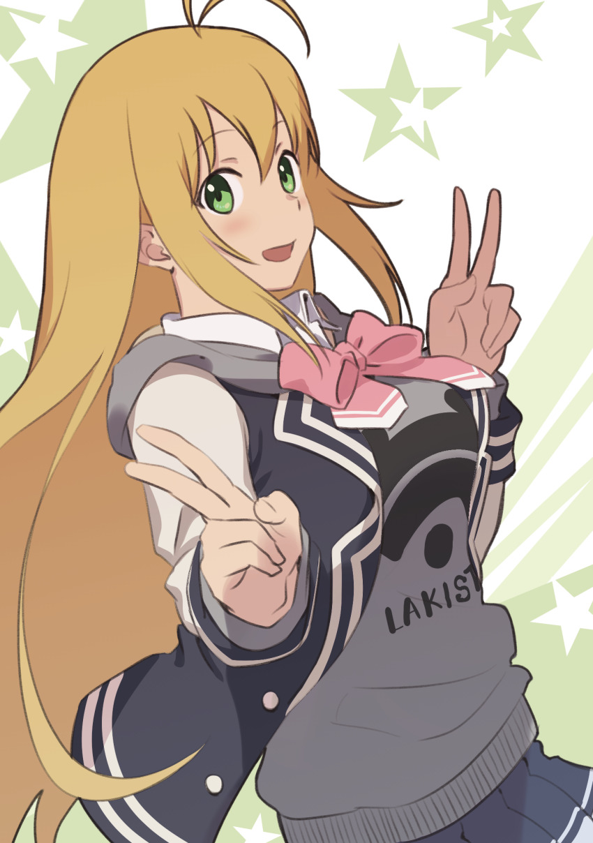 1girl antenna_hair blazer blonde_hair blue_jacket blue_skirt bow bowtie breasts cevio commentary cosplay double_v dutch_angle from_side green_eyes grey_hoodie highres hood hoodie jacket koharu_rikka light_blush long_hair looking_at_viewer medium_breasts miniskirt open_clothes open_jacket pink_bow pink_bowtie pleated_skirt skirt solo star_(symbol) star_symbol_background synthesizer_v tarokazu tsurumaki_maki upper_body v very_long_hair voiceroid