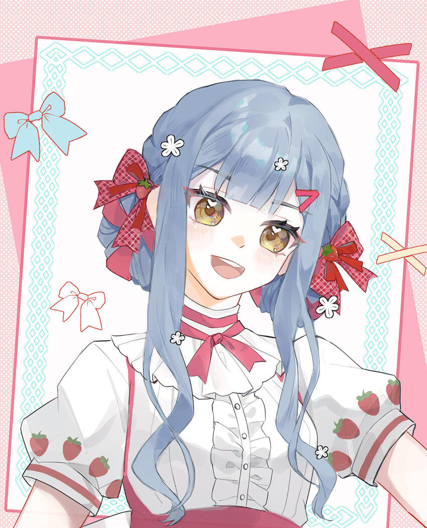 1girl :d bad_source bang_dream! bang_dream!_it&#039;s_mygo!!!!! blue_hair blunt_bangs blush border bow braid brown_eyes buttons center_frills food food_print frills fruit fruit_print hair_bow hair_ornament hairclip highres long_hair looking_at_viewer mianhuagao neck_ribbon open_mouth puffy_short_sleeves puffy_sleeves red_bow red_ribbon ribbon shirt short_sleeves sidelocks smile solo strawberry strawberry_print suspenders sweets_paradise teeth togawa_sakiko togawa_sakiko_(sweets_paradise) upper_body upper_teeth_only white_shirt yellow_eyes