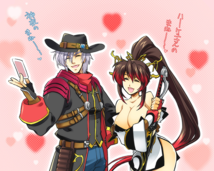 1boy 1girl banpresto breasts cleavage cowboy cowboy_hat cowboy_shot fingerless_gloves gloves harken_browning hat hpa_(foolish_factory) large_breasts nanbu_kaguya super_robot_wars super_robot_wars_og_saga_mugen_no_frontier translation_request cowboy_western