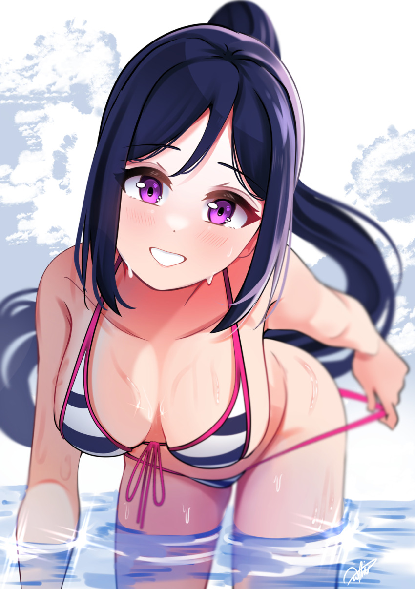 1girl bare_shoulders bent_over bikini bikini_bottom_pull blue_sky blush breasts cloud cloudy_sky collarbone front-tie_bikini_top front-tie_top grin groin high_ponytail highres large_breasts long_hair looking_at_viewer love_live! love_live!_sunshine!! matsuura_kanan pink_bikini pink_eyes pink_trim ponytail pulling_own_clothes purple_bikini purple_hair signature sky smile solo striped_bikini striped_clothes sweat swimsuit thighs wading water whin white_bikini