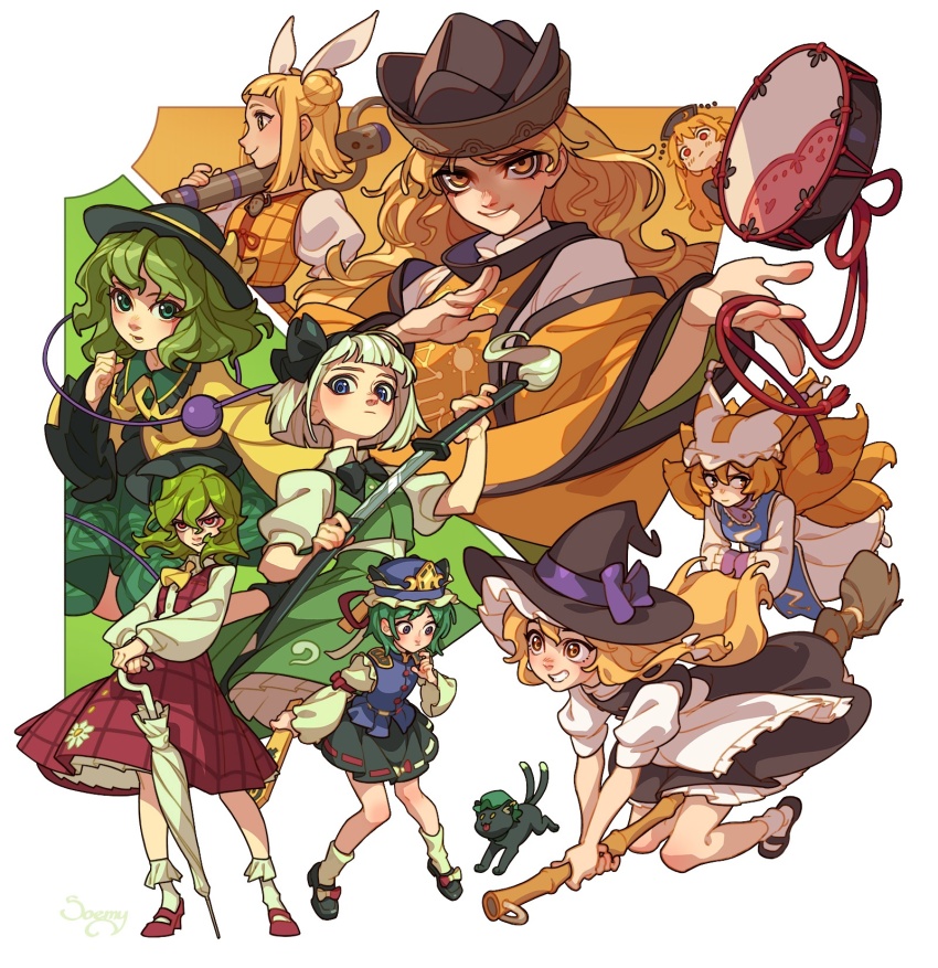6+girls animal_ear_piercing animal_ears animal_hat apron ascot black_bow black_bowtie black_cat black_dress black_footwear black_headwear black_skirt black_vest blonde_hair blue_eyes blue_headwear blue_tabard blue_vest bob_cut boots bow bowtie braid broom broom_riding brown_headwear buttons cat chen chen_(cat) closed_umbrella collared_shirt color_wheel_challenge diamond_button drawing_sword dress drum floating floating_object floral_print fox_ears fox_tail frilled_dress frilled_hat frilled_shirt_collar frilled_skirt frilled_sleeves frilled_socks frills green_eyes green_hair green_headwear green_skirt green_theme green_vest grey_eyes grey_hair hair_bow hat hat_bow hat_ribbon highres hitodama_print holding holding_sword holding_umbrella holding_weapon instrument joutouguu_mayumi junko_(touhou) katana kazami_yuuka kirisame_marisa kitsune komeiji_koishi konpaku_youmu kyuubi long_hair long_sleeves looking_at_viewer mary_janes matara_okina medium_hair mob_cap multiple_drawing_challenge multiple_girls multiple_tails open_clothes open_mouth open_vest peeking_out phoenix_crown plaid_clothes plaid_skirt plaid_vest pom_pom_(clothes) puffy_short_sleeves puffy_sleeves purple_bow purple_ribbon red_bow red_eyes red_footwear red_skirt red_tabard red_vest ribbon ribbon-trimmed_skirt ribbon_trim rod_of_remorse scabbard sheath shiki_eiki shirt shoes short_hair short_sleeves single_braid skirt sleeve_bow socks soemy sword tabard tail third_eye touhou tsuzumi umbrella vest waist_apron weapon white_apron white_bow white_dress white_headwear white_shirt white_socks white_umbrella wide_sleeves witch_hat yakumo_ran yellow_ascot yellow_bow yellow_eyes yellow_ribbon yellow_shirt yellow_theme