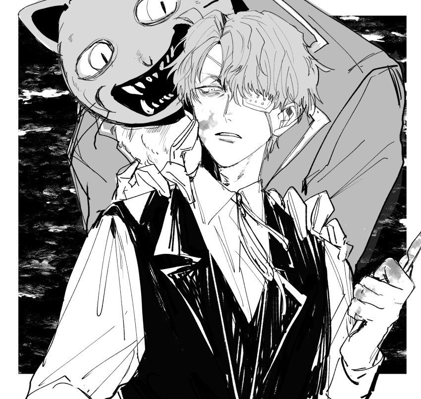2boys behind_another border cat_mask commentary_request daan_(fear_&amp;_hunger) dress_shirt eyepatch fear_&amp;_hunger_(series) fear_&amp;_hunger_2:_termina greyscale hands_on_another&#039;s_shoulders highres holding_scalpel jacket male_focus mask medical_eyepatch monochrome multiple_boys neck_ribbon outside_border parted_lips pocketcat_(fear_&amp;_hunger) ribbon scalpel shall0099 sharp_teeth shirt short_hair sketch slit_pupils teeth upper_body vest waistcoat white_border