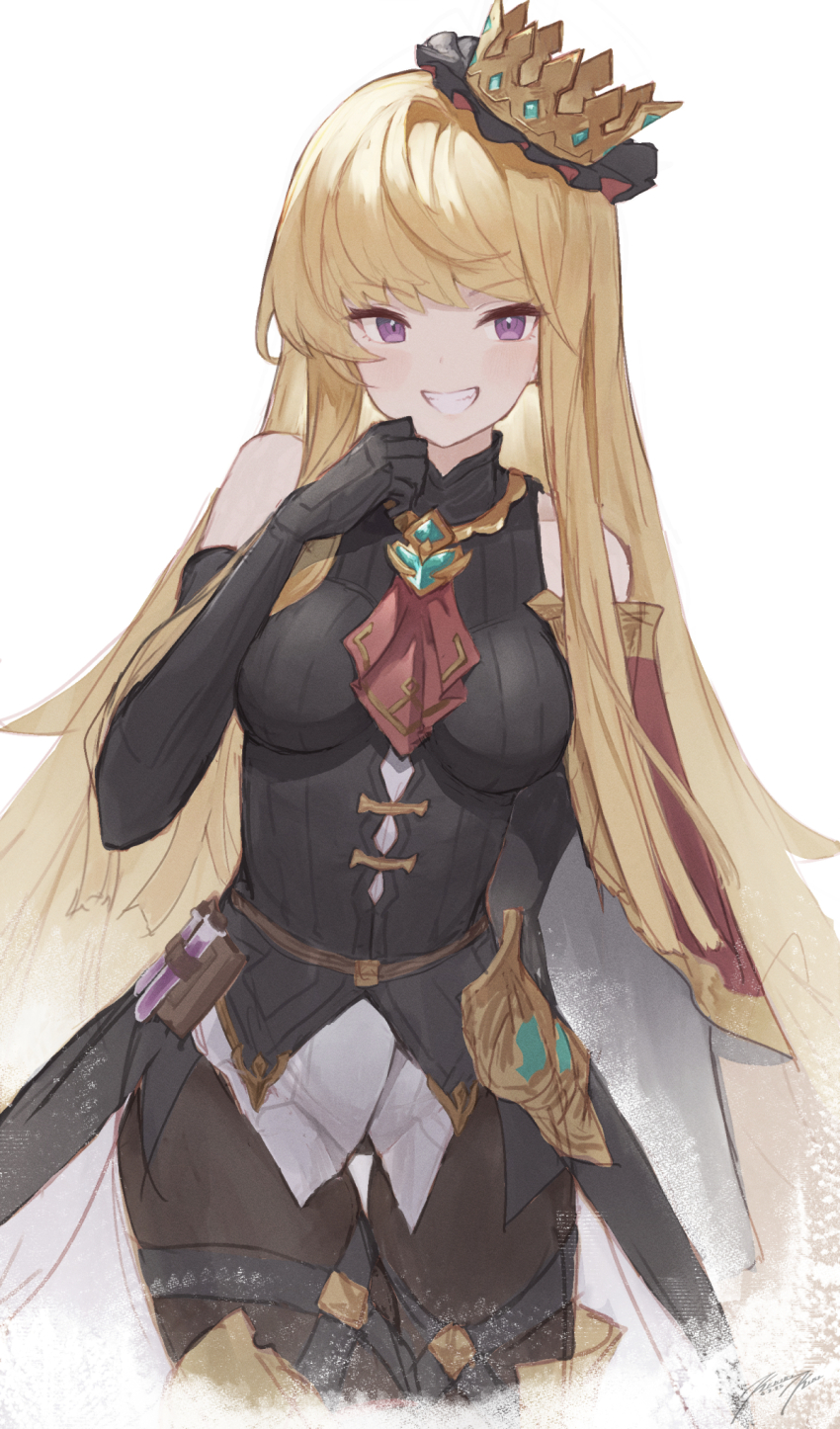 1girl aged_up ascot black_gloves black_shirt blonde_hair breasts cagliostro_(granblue_fantasy) commentary cowboy_shot cropped_legs crown curvy english_commentary frills gloves granblue_fantasy grin hand_on_own_face highres hime_cut hip_armor impossible_clothes impossible_shirt large_breasts long_hair mandarin_collar no_nose official_alternate_costume potion punished_pigeon purple_eyes red_ascot shirt sidelocks simple_background sleeveless sleeveless_turtleneck smile smug solo thigh_strap thighs tsurime turtleneck v-shaped_eyebrows white_background