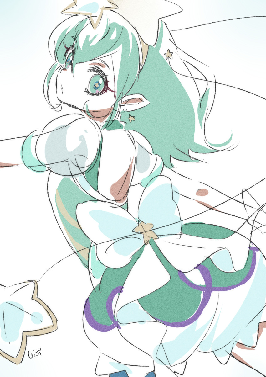 1girl absurdres antennae aqua_choker aqua_dress aqua_eyes aqua_hair back_cutout blue_pantyhose choker clothing_cutout cowboy_shot cure_milky determined dress earrings eyelashes gloves hagoromo_lala hair_between_eyes hair_ornament hairband highres jewelry lace-trimmed_shorts lace_trim long_hair looking_at_viewer looking_back outstretched_arm pantyhose parted_lips pointy_ears precure puffy_short_sleeves puffy_shorts puffy_sleeves see-through_clothes see-through_sleeves shipu_(gassyumaron) shooting_star_hair_ornament short_dress short_sleeves shorts shorts_under_dress signature simple_background single_leg_pantyhose solo star-shaped_pupils star_(symbol) star_earrings star_hair_ornament star_twinkle_precure symbol-shaped_pupils tareme white_background white_gloves white_shorts white_sleeves yellow_hairband yellow_pupils
