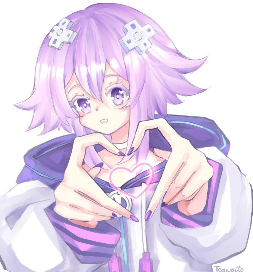 1girl absurdres artist_name choker d-pad d-pad_hair_ornament hair_ornament heart heart_hands highres jewelry long_sleeves looking_at_viewer nail_polish neck_ring neptune_(neptunia) neptune_(series) open_mouth purple_eyes purple_hair purple_nails short_hair simple_background solo teawaito upper_body white_background