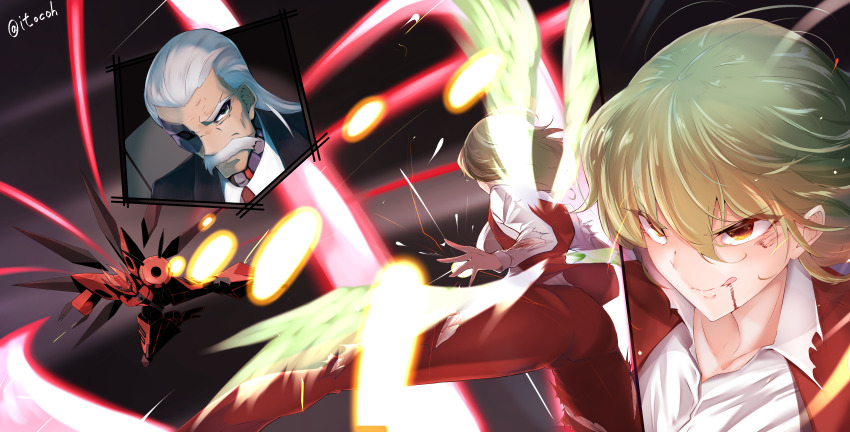 1boy 1girl absurdres battle blood blood_on_face cyborg erich_(seihou) facial_hair green_hair green_wings highres itocoh kazami_yuuka kazami_yuuka_(seihou) laser licking_lips mecha multiple_wings mustache pants plaid_clothes plaid_pants plaid_vest red_vest robot seihou tongue tongue_out torn_clothes touhou vest white_hair wings