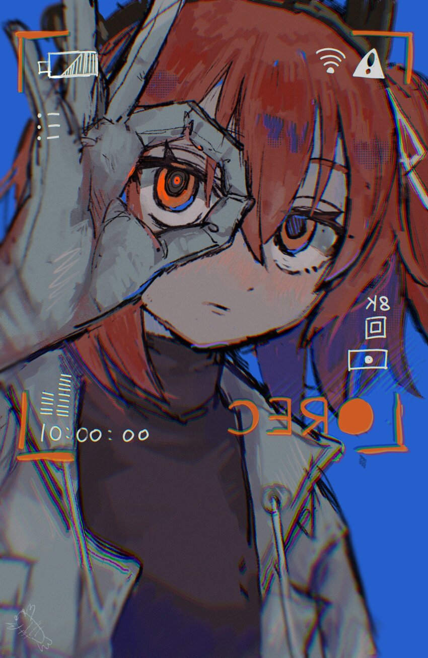1girl a.i._voice absurdres adachi_rei android artificial_eye battery_indicator black_shirt blue_background blush closed_mouth commentary expressionless gloves grey_gloves grey_jacket highres jacket lens_eye looking_at_viewer mechanical_eye medium_hair mirrored_text mismatched_pupils ok_sign ok_sign_over_eye one_side_up open_clothes open_jacket orange_eyes orange_hair recording shako_(yaruki_genki98) shirt sign simple_background solo turtleneck turtleneck_shirt upper_body utau viewfinder warning_sign