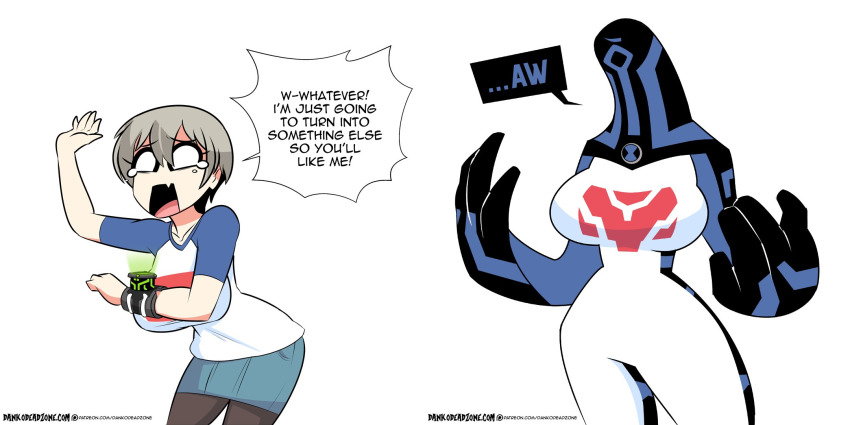 1girl alien artist_name ben_10 breasts crossover crying dankodeadzone denim denim_skirt english_text galvanic_mechamorph grey_hair highres large_breasts omnitrix pantyhose raglan_sleeves short_hair skirt solo speech_bubble sugoi_dekai third-party_edit transformation upgrade_(ben_10) uzaki-chan_wa_asobitai! uzaki_hana white_background
