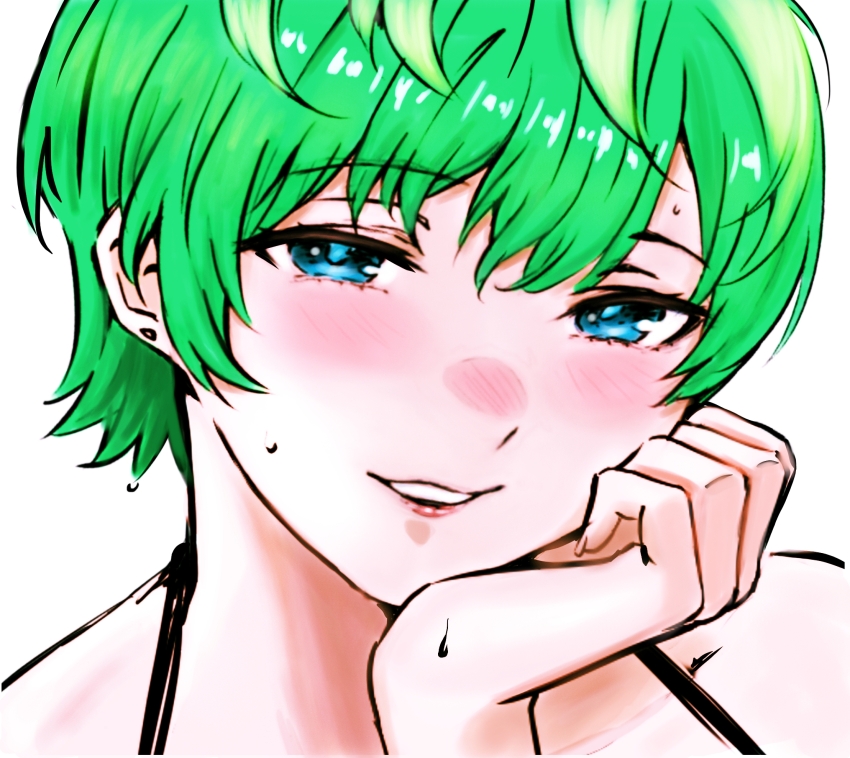 akira_(yuibnm71) blue_eyes blush close-up collarbone green_hair hand_on_own_face highres izumo_tenka lips looking_at_viewer mato_seihei_no_slave multicolored_hair nose_blush parted_lips short_hair teeth upper_teeth_only
