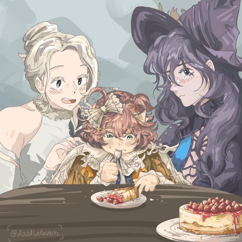 3girls bad_link black_hair black_hat blonde_hair brown_hair cake caroline_bartley doodletavern eating flutterpage food food_on_face fruit fruitcake fur_trim hat heart heart-shaped_pupils long_hair looking_at_another multiple_girls plate reverse:1999 spoon strawberry symbol-shaped_pupils table teeth willow_(reverse:1999) witch_hat