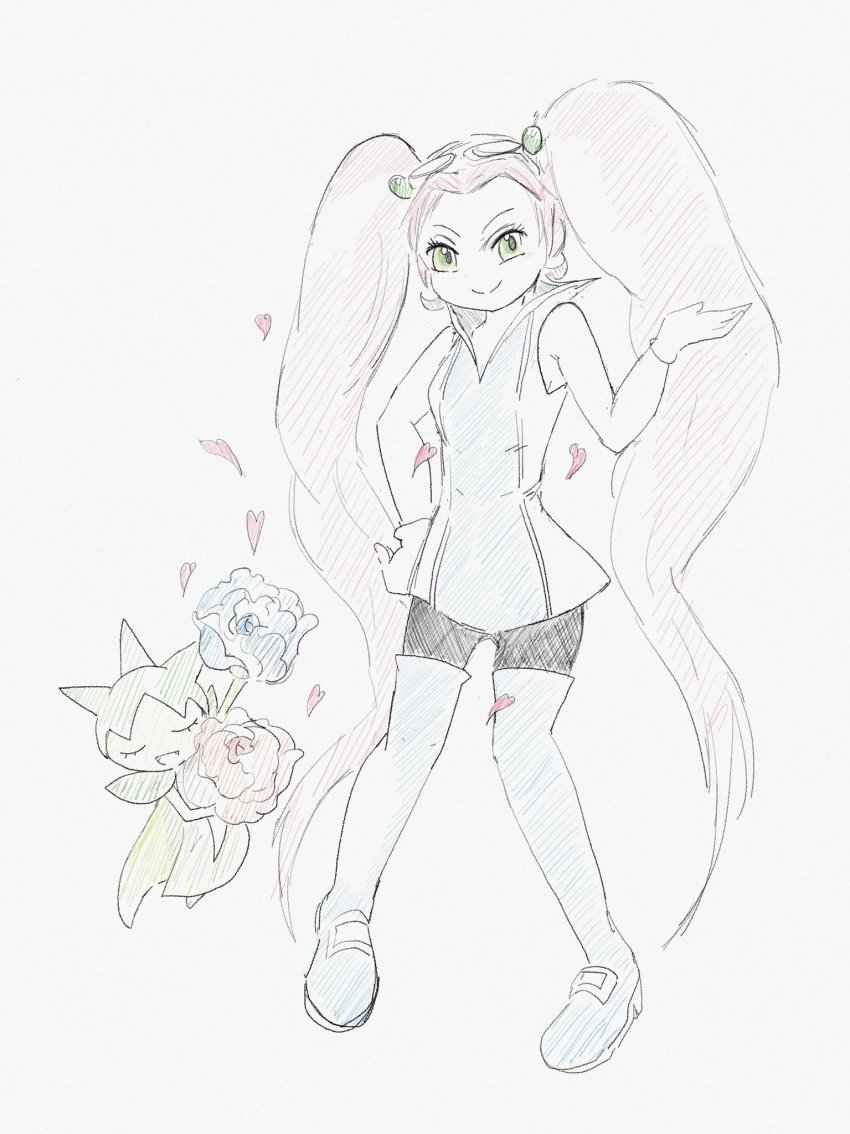 2girls arm_up bare_shoulders black_leggings blue_flower blue_footwear blue_rose blue_shirt boots breasts cleavage closed_eyes closed_mouth colored_skin eyewear_on_head female_focus flower forehead gen_3_pokemon gloves goggles green_eyes green_skin hand_on_own_hip hand_up happy highres leggings long_hair looking_at_viewer lovrina_(pokemon) monster_girl multiple_girls munna_(pixiv_4032814) nintendo open_mouth petals pink_hair plant_girl pokemon pokemon_(creature) pokemon_xd red_flower red_rose rose roselia_(pokemon) shirt sidelocks simple_background sketch sleeveless sleeveless_shirt small_breasts smile split_mouth thigh_boots traditional_media twintails u_u v-shaped_eyebrows very_long_hair white_background
