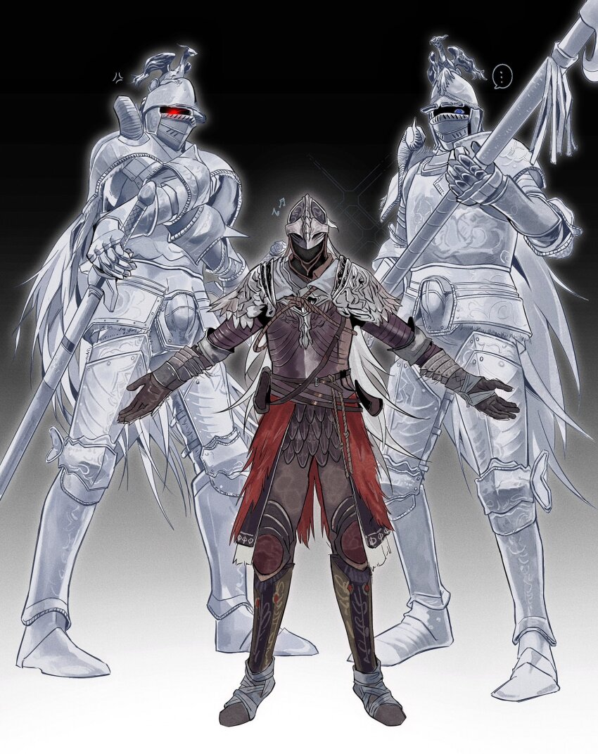 ... 1other 2boys anger_vein armor banished_knight_engvall banished_knight_oleg black_background bloody_wolf_(elden_ring) blue_eyes commentary cybfaazx8lyvkca elden_ring english_commentary gauntlets glowing glowing_eyes gradient_hair greaves grey_background helmet highres holding holding_weapon male_focus multicolored_hair multiple_boys outstretched_arms red_eyes scale_armor spoken_ellipsis standing tarnished_(elden_ring) weapon white_background