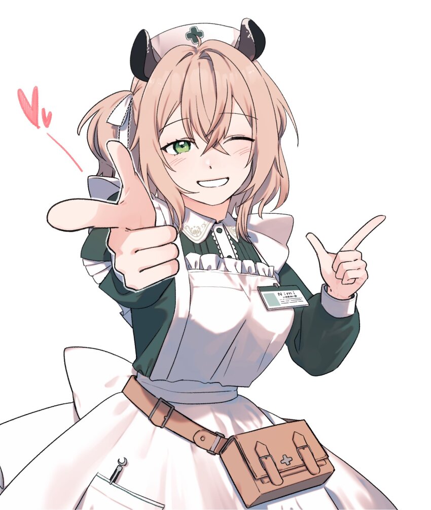 1girl animal_ears apron closed_mouth dress green_dress hat highres indie_virtual_youtuber lilyac looking_at_viewer nimi_nightmare nurse_cap one_eye_closed smile solo tapir_ears tapir_girl virtual_youtuber white_apron white_hat