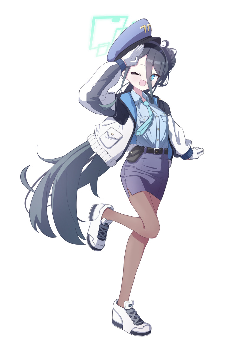 1girl 525_woiwo absurdres alternate_costume aqua_halo aris_(blue_archive) belt black_belt black_hair blue_archive blue_eyes blue_hat blue_shirt blue_skirt brown_pantyhose collared_shirt commentary_request full_body gloves green_necktie halo hat highres jacket long_hair necktie one_eye_closed one_side_up open_clothes open_jacket open_mouth pantyhose pencil_skirt police police_uniform policewoman rectangular_halo revision salute shirt shoes simple_background skirt smile solo very_long_hair white_background white_gloves white_jacket white_shoes