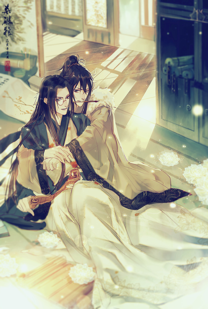 2boys black_hair blurry chang_geng chinese_clothes copyright_name flower flute fur_trim gu_yun hanfu high_ponytail highres holding holding_hands indoors instrument light_particles long_hair long_sleeves looking_at_another male_focus multiple_boys ponytail robe scroll sha_po_lang sitting smile smoking_pipe wide_sleeves yaoi zhuowang233