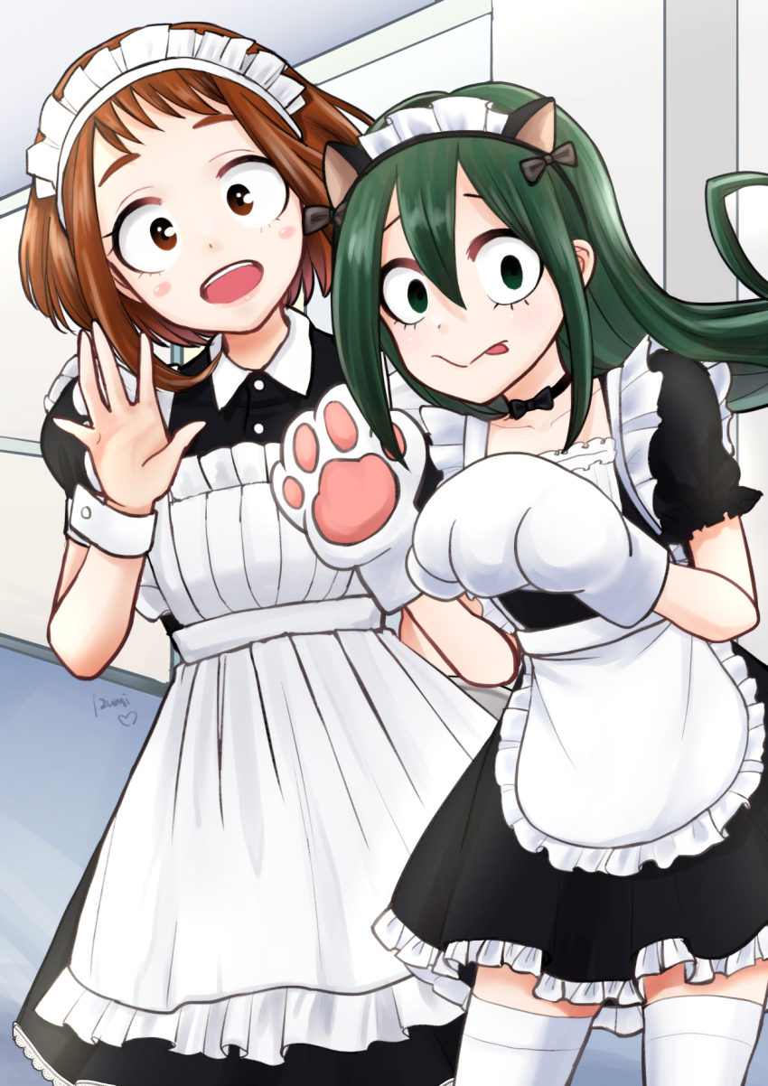 2girls :d animal_ears animal_hands apron asui_tsuyu black_choker black_dress boku_no_hero_academia brown_hair choker dress fake_animal_ears gloves green_hair hair_between_eyes hand_up highres indoors kanzaki_izumi maid maid_apron maid_headdress multiple_girls open_mouth paw_gloves short_hair smile standing thighhighs tongue tongue_out uraraka_ochako white_thighhighs wrist_cuffs