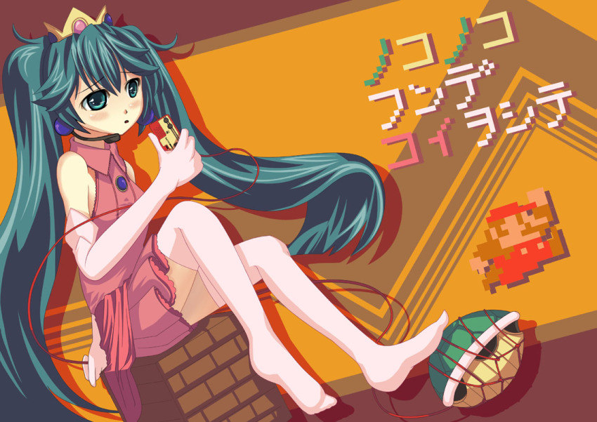 1girl aqua_eyes aqua_hair bad_id bad_pixiv_id controller cosplay crossover crown earrings elbow_gloves famicom female_focus game_console game_controller gloves hatsune_miku headset jewelry long_hair mario mario_(series) nintendo princess_peach princess_peach_(cosplay) shirousagi_una sitting skirt solo thighhighs translation_request turtle_shell twintails very_long_hair vocaloid