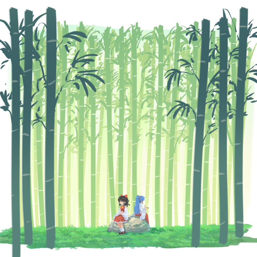2girls ascot bamboo bamboo_forest blue_hair bow brown_hair commentary_request detached_sleeves forest hair_bow hair_tubes hakama hakurei_reimu highres japanese_clothes kimono long_hair miko miyadeguchi_mizuchi miyadeguchi_mizuchi_(human) multiple_girls nature no_eyes no_mouth official_alternate_costume outdoors ponytail red_bow red_hakama red_skirt ribbon-trimmed_sleeves ribbon_trim rock scenery shoes sitting skirt skirt_set socks suteruko touhou very_long_hair white_kimono white_socks yellow_ascot