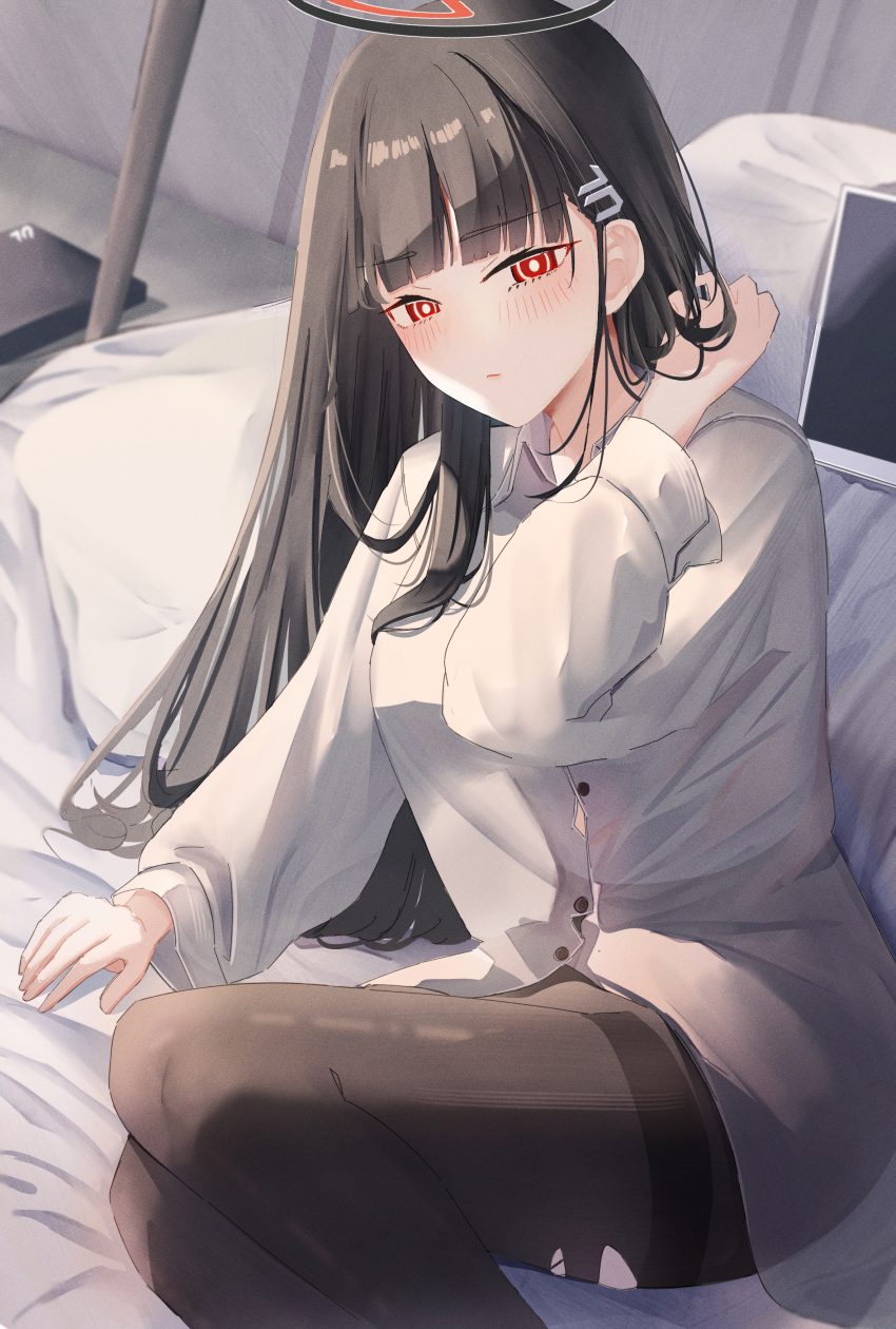 1girl absurdres black_hair black_pantyhose blue_archive blunt_bangs blush hair_ornament hairclip halo highres leonardo_566 long_hair looking_at_viewer pantyhose red_eyes ringed_eyes rio_(blue_archive) sitting solo tablet_pc thighband_pantyhose torn_clothes torn_pantyhose
