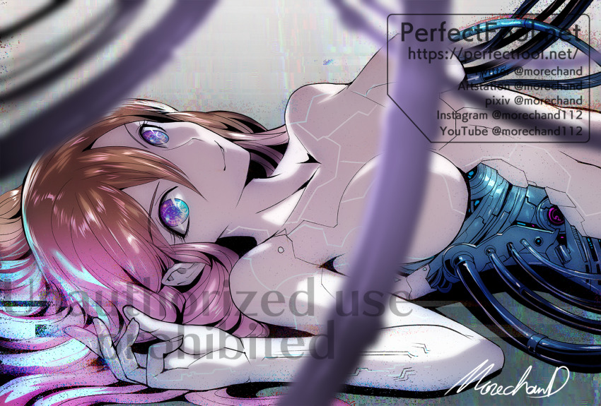 1girl android artist_name blue_eyes breasts brown_hair convenient_censoring damaged gradient_eyes gradient_hair hair_between_eyes large_breasts long_hair looking_at_viewer lying mechabare moreshan multicolored_eyes multicolored_hair nude on_back original parted_lips pink_hair purple_eyes sign smile solo upper_body watermark web_address wire