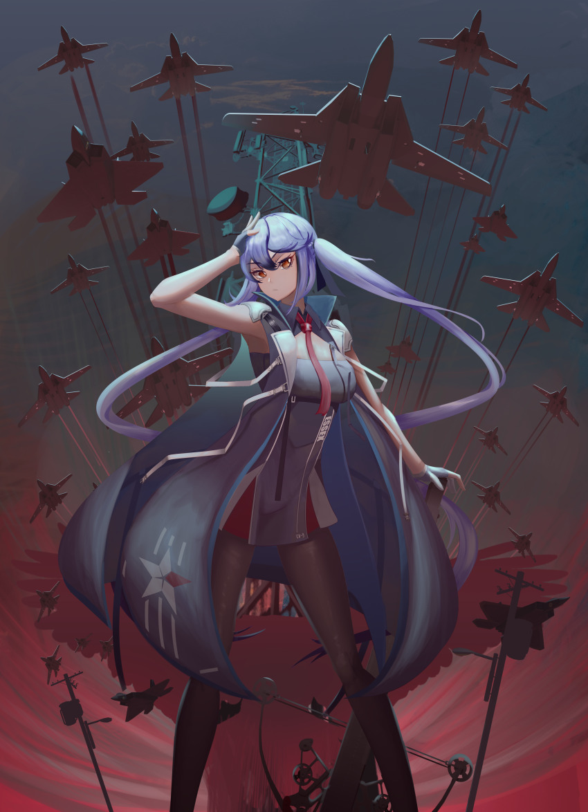 1girl absurdres aircraft airplane artknight045 azur_lane black_gloves black_pantyhose blue_coat breasts coat essex_(azur_lane) f-14 f-14_tomcat f-22 f-22_raptor feet_out_of_frame fighter_jet fingerless_gloves gloves highres leaning_forward long_hair looking_at_viewer medium_breasts military_vehicle outdoors pantyhose purple_hair red_eyes solo spread_legs standing twintails very_long_hair