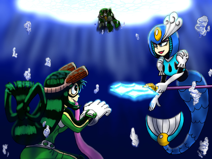 1girl asui_tsuyu blue_eyes boku_no_hero_academia capcom clash crossover gloves glowing green_eyes green_hair grin helmet highres jumpsuit long_hair mermaid monster_girl polearm robot mega_man_(series) mega_man_(classic) mega_man_4 mega_man_9 smile splash_woman toad_man tongue trident underwater water weapon