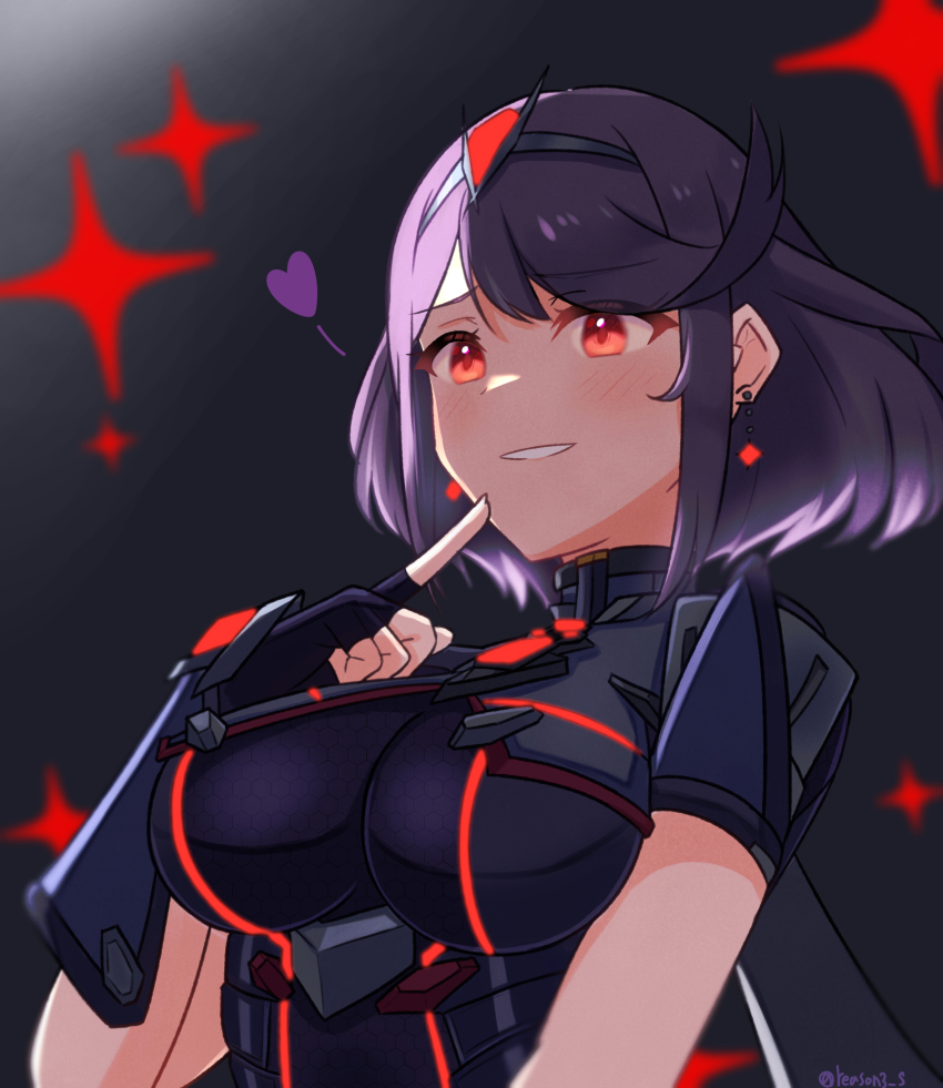 1girl absurdres alternate_color armor black_armor black_gloves breastplate breasts dark_persona earrings finger_to_own_chin fingerless_gloves floating_earrings gloves heart highres jewelry large_breasts parted_lips purple_hair pyra_(xenoblade) reason3_s red_eyes short_hair short_sleeves simple_background smile solo swept_bangs upper_body xenoblade_chronicles_(series) xenoblade_chronicles_2