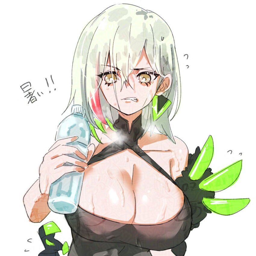 1girl az_(colorb05) bare_shoulders bottle breasts cleavage clenched_teeth diabellstar_the_black_witch duel_monster earrings green_hair grey_hair highres holding holding_bottle jewelry large_breasts medium_hair multicolored_hair red_hair simple_background solo teeth two-tone_hair upper_body white_background yu-gi-oh!