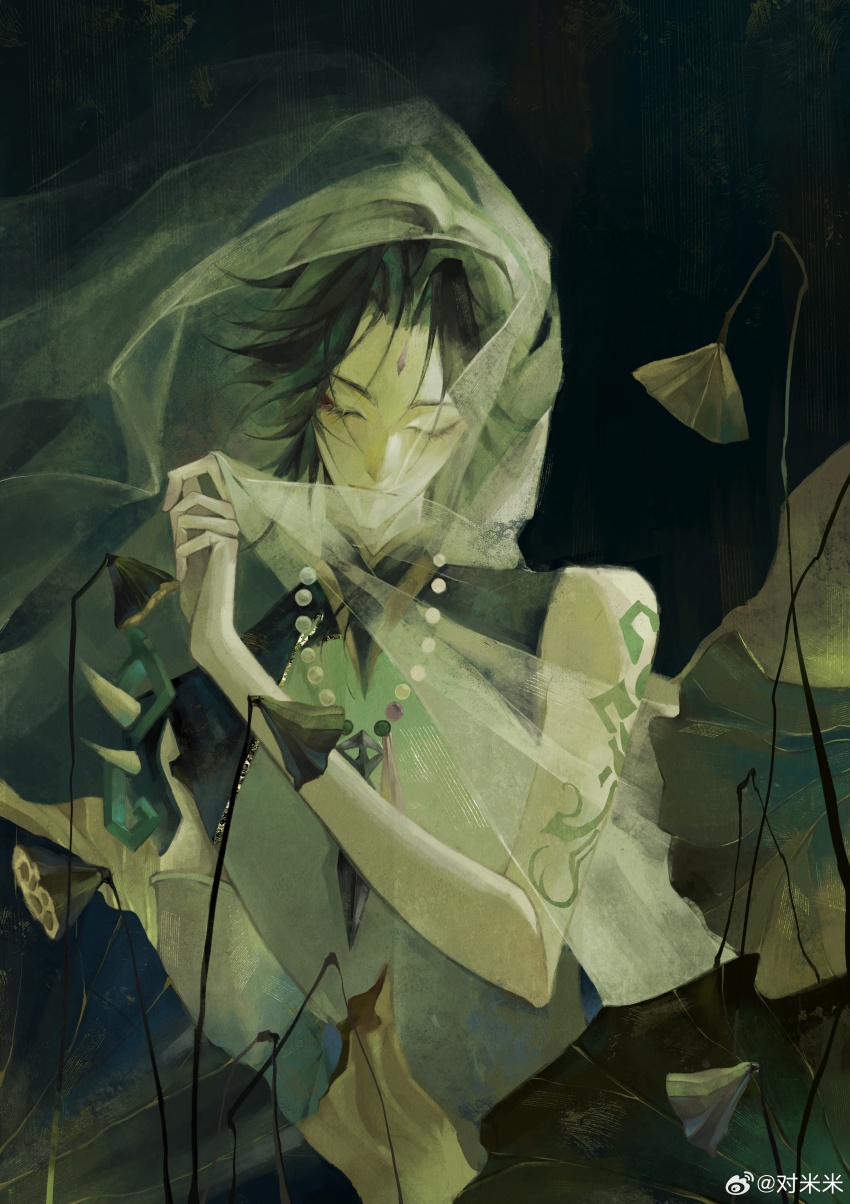 1boy :| absurdres arm_tattoo bead_necklace beads black_background black_hair closed_eyes closed_mouth curtained_hair detached_sleeves duimimi eyeliner facial_mark facing_viewer forehead_mark genshin_impact green_hair highres holding_veil jewelry lotus_leaf lotus_pod makeup male_focus multicolored_hair necklace pale_skin parted_bangs red_eyeliner see-through_clothes shirt short_hair shoulder_spikes single_detached_sleeve sleeveless sleeveless_shirt solo spikes streaked_hair tattoo upper_body veil watermark weibo_watermark white_shirt white_veil wilted_flower xiao_(genshin_impact)