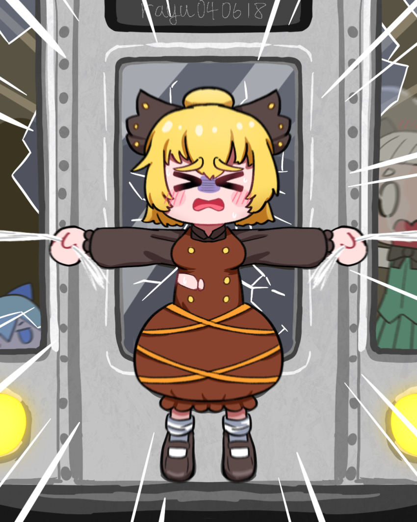 &gt;_&lt; 0_0 3girls artist_name black_bow black_bowtie black_footwear black_shirt blonde_hair blue_bow blue_eyes blue_hair blush_stickers bow bowtie breasts broken_window brown_dress buttons chibi chibi_only cirno closed_eyes collared_shirt commentary crack cracked_glass dress dress_over_shirt emphasis_lines english_commentary frilled_bow frills full_body fumo_(doll) green_vest hair_between_eyes hair_bow hair_bun highres konpaku_youmu kurodani_yamame long_sleeves marvel mary_janes medium_breasts multiple_girls no_fingers on_train open_mouth outstretched_arms parody peeking pinafore_dress puffy_long_sleeves puffy_sleeves ray_u rescue ribbon scene_reference shirt shoes short_hair silk sleeveless sleeveless_dress socks solo_focus spider-man_(series) spider-man_2 spider_web standing subway sweatdrop torn_clothes torn_dress touhou train turn_pale twitter_username vest white_hair white_shirt white_socks yellow_ribbon