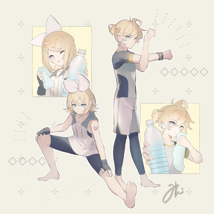 1boy 1girl ahoge aqua_eyes bare_arms bare_shoulders barefoot bike_shorts black_bra black_gloves black_leggings black_shorts black_sleeves blonde_hair bottle bow bra brother_and_sister collarbone drawstring drink exercising fingerless_gloves flat_chest gloves grey_hood grey_shirt grin hair_bow headphones headset highres holding holding_bottle holding_drink holding_towel hood hoodie kagamine_len kagamine_rin leggings leggings_under_shorts light_blush looking_at_viewer medium_hair mipi one_eye_closed plastic_bottle ponytail reaching reaching_towards_viewer shirt short_hair short_ponytail shorts siblings sideways_glance signature sleeveless sleeveless_hoodie smile sports_bra squatting stretching tight_clothes tight_shirt towel twins underwear vocaloid wavy_hair white_bow white_hoodie white_shorts wiping_face wristband