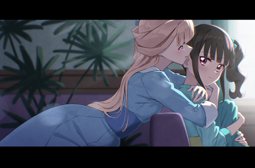 2girls arms_around_neck blonde_hair blue_dress blue_eyes blurry blurry_background blush border brown_hair commentary couch dress highres hug hug_from_behind indoors long_hair looking_at_another multiple_girls nekoyashiki_mayu nekoyashiki_yuki nuenue precure red_eyes short_hair side_ponytail sitting smile three-quarter_sleeves wonderful_precure! yuri