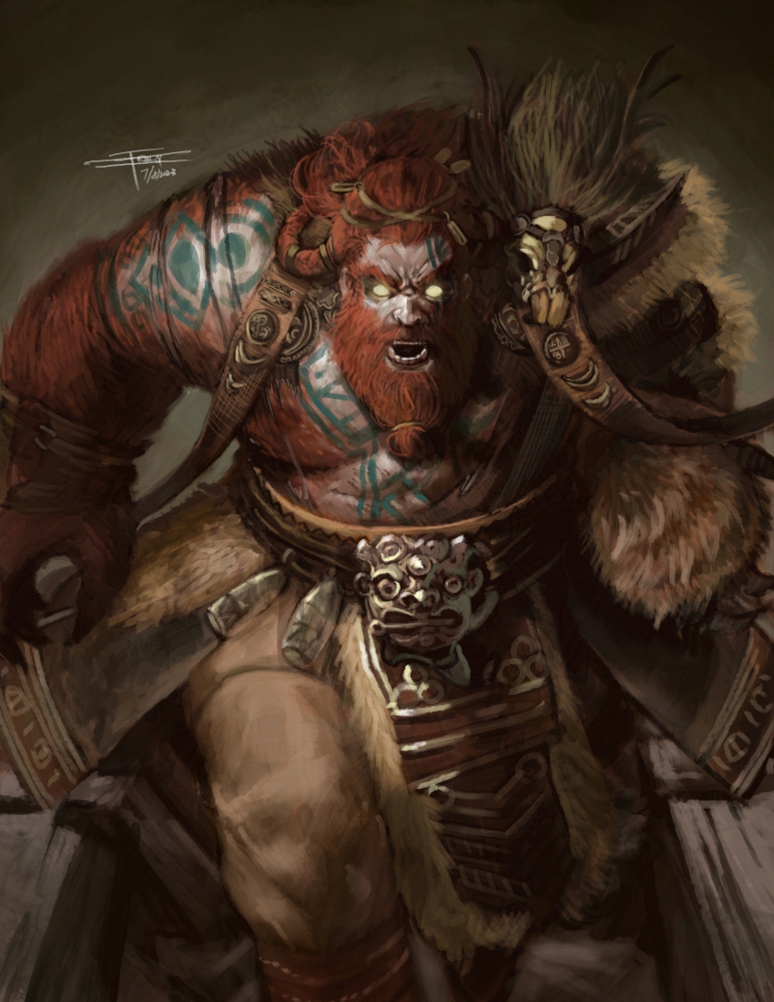1boy absurdres armor beard braid braided_bun broad_shoulders claws connected_beard dated druid dungeons_&amp;_dragons facial_hair frost_llamzon full_beard glowing glowing_eyes hair_bun highres leather_armor long_hair male_focus mature_male muscular muscular_male open_mouth original red_hair shouting tattoo transformation tribal_tattoo