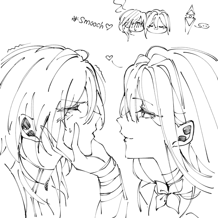 ... 2girls blush chief_(path_to_nowhere) closed_eyes closed_mouth commentary english_commentary female_chief_(path_to_nowhere) flower greyscale heart highres kiss kissing_cheek long_hair monochrome multiple_girls par_sato path_to_nowhere puckered_lips schorl_(path_to_nowhere) shalom_(path_to_nowhere) smile spoken_ellipsis yuri