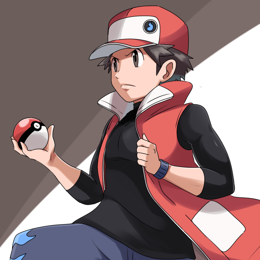 1boy black_shirt blue_pants brown_eyes brown_hair closed_mouth game_freak hat highres holding holding_poke_ball jacket looking_at_viewer male_focus nintendo official_alternate_costume pants poke_ball poke_ball_(basic) pokemon pokemon_masters_ex red_(pokemon) red_(sygna_suit)_(pokemon) red_hat red_jacket saon101 shirt short_hair sleeveless sleeveless_jacket solo