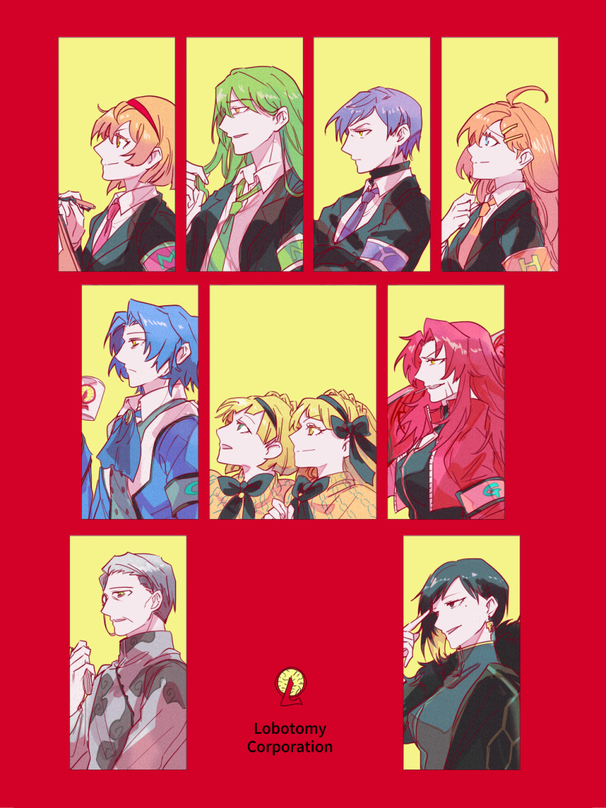 5boys 5girls ahoge binah_(project_moon) black_hair blue_eyes blue_hair border brown_eyes brown_hair chesed_(project_moon) closed_mouth colored_inner_hair gebura_(project_moon) green_hair highres hod_(project_moon) hokma_(project_moon) ko_bammm lobotomy_corporation long_hair malkuth_(project_moon) medium_hair multicolored_hair multiple_boys multiple_girls netzach_(project_moon) project_moon purple_hair red_border red_hair smile tiphereth_a_(project_moon) tiphereth_b_(project_moon) very_long_hair white_hair yellow_background yellow_eyes yesod_(project_moon)