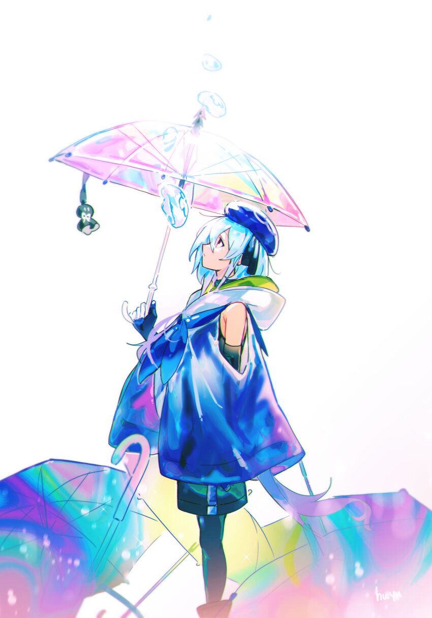 1boy absurdres arknights bare_shoulders black_gloves black_shorts blue_hair blue_hat blue_jacket blue_neckerchief clothing_cutout commentary elbow_gloves fingerless_gloves from_side full_body gloves gradient_hair hat highres holding holding_umbrella hood hooded_jacket jacket light_blue_hair long_hair looking_up male_focus mizuki_(arknights) multicolored_hair multicolored_umbrella neckerchief pink_hair profile purple_eyes shorts shoulder_cutout signature solo transparent transparent_umbrella umbrella very_long_hair water_drop wed_(lim38869577)